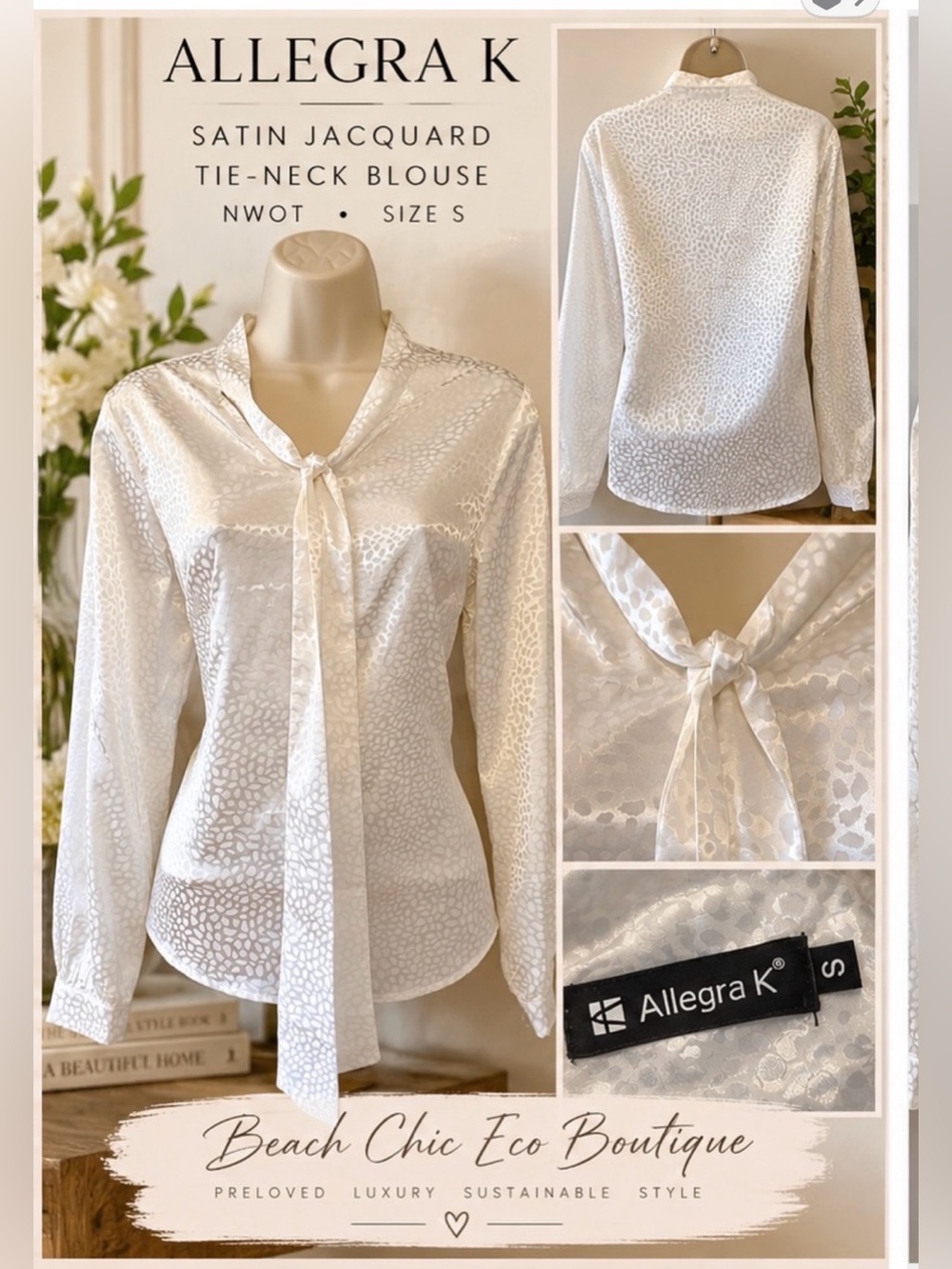 Allegra K Ivory Satin Jacquard Tie Neck Blouse NWOT S
